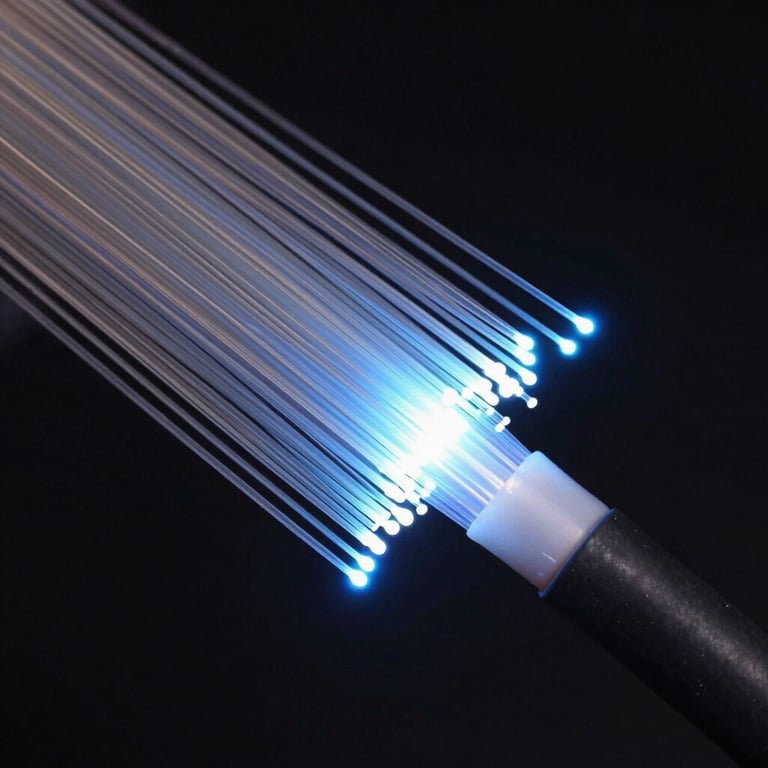 Macro photography of fiber optic cables glowing with soft blue and white light, representing high-speed data and network systems.