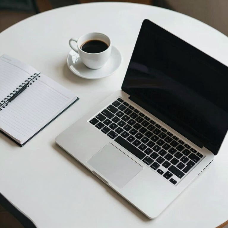 Top-down view of a professional workspace with a sleek laptop, a notebook, and a coffee cup on a clean white desk, representing focused work.