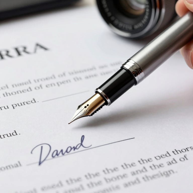 Close-up of a fountain pen resting on a signed commercial contract on a clean white desk, representing a closed deal and successful business development.