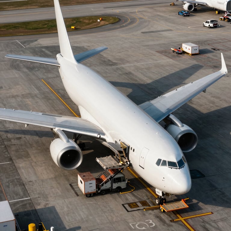 An aerial view of a cargo plane being loaded on a tarmac, emphasizing rapid international expansion and logistics. High-contrast lighting.