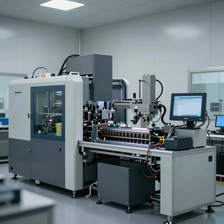 A wide shot of a high-tech automated manufacturing facility with precision machinery, representing industrial sourcing capabilities. Minimalist aesthetic with grey and blue accents.