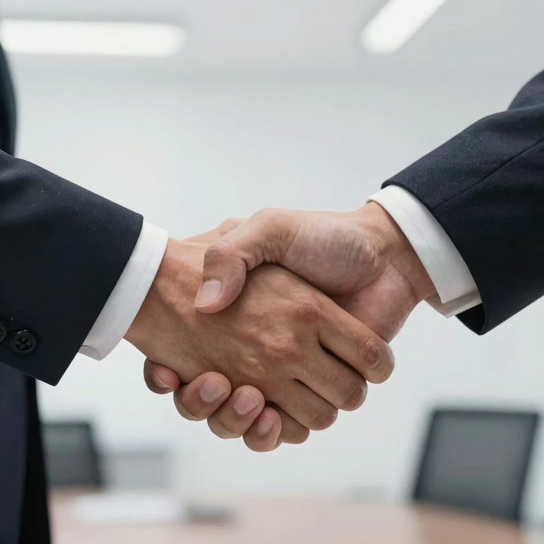 A close-up photograph of a professional handshake between two business people in a modern office, symbolizing a successful international partnership. Clean lighting, white background. Global / International.
