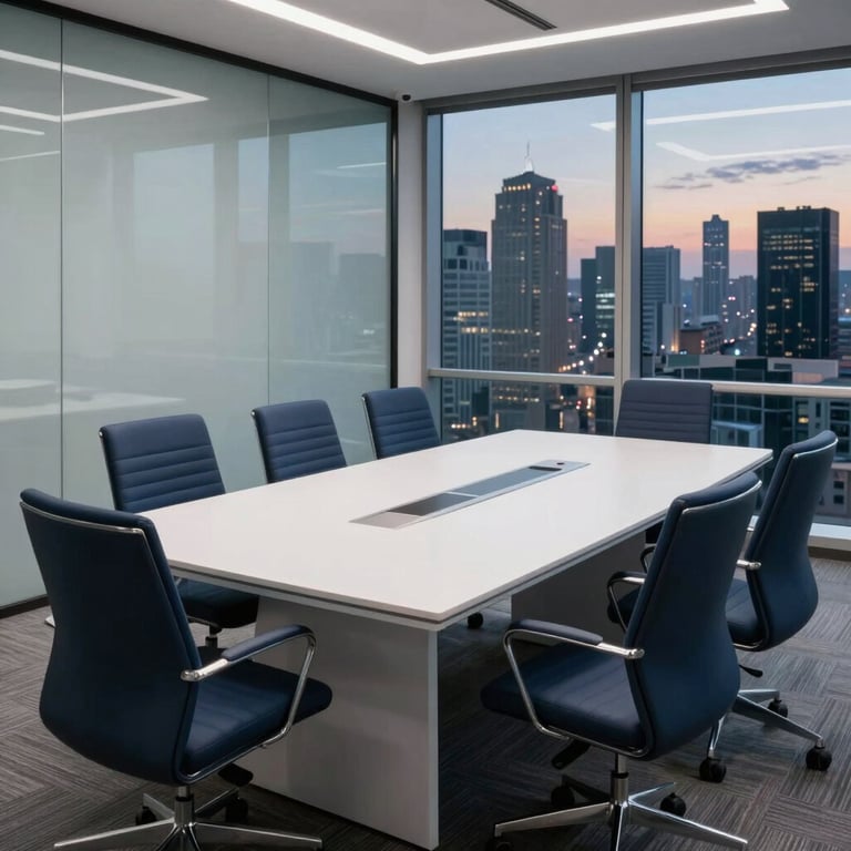 A sleek corporate boardroom with a long white table and dark blue ergonomic chairs, overlooking a global metropolitan skyline at dusk.