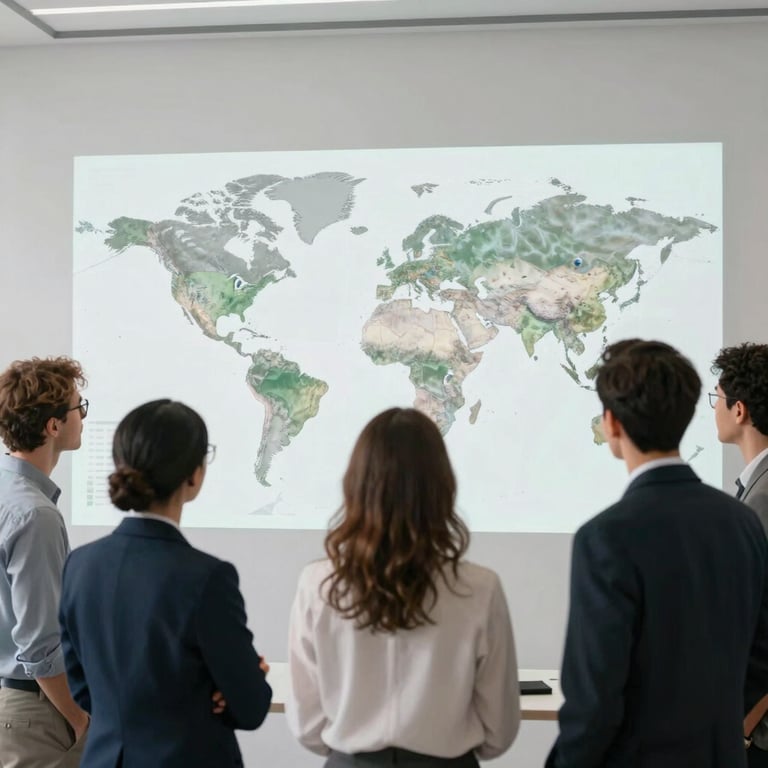A professional team of diverse business experts looking at a digital map of the world on a wall in a minimalist office. Global / International setting.
