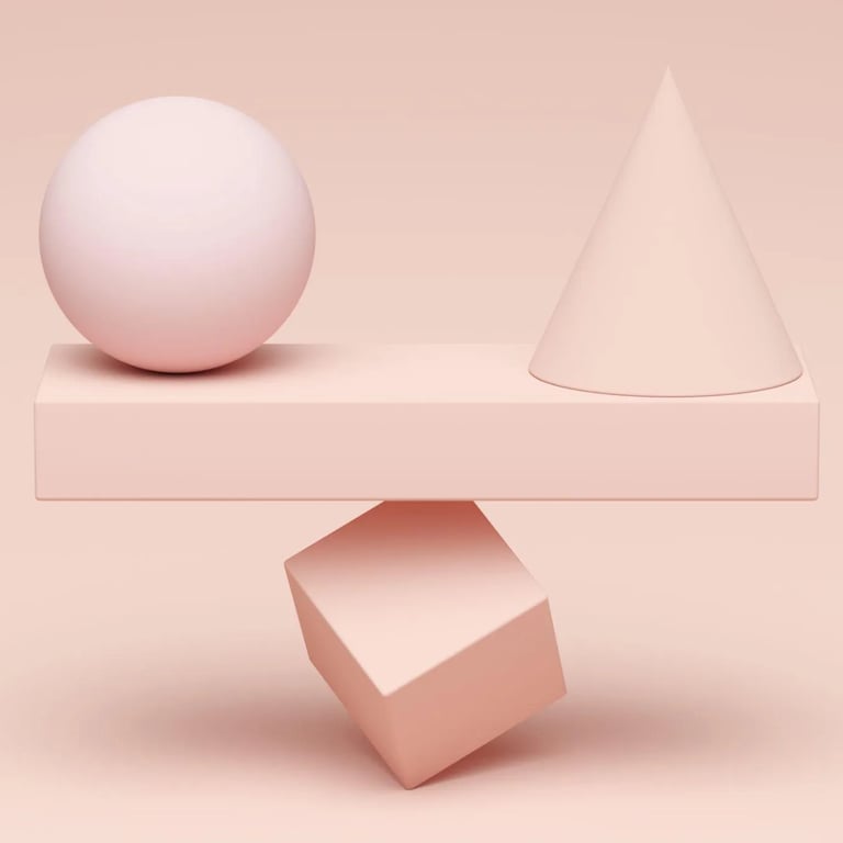 Formes géométriques posées en équilibre sur une structure inclinée, dans une composition minimaliste.