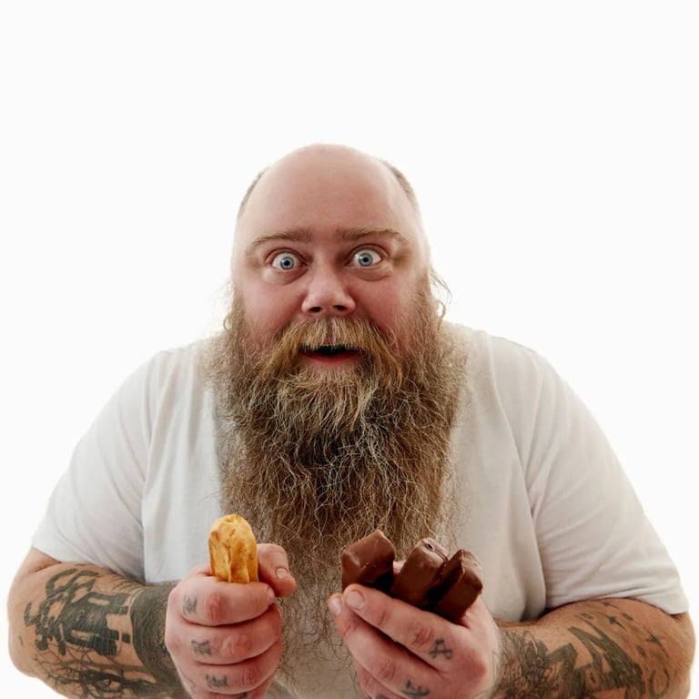 Homme barbu tenant des barres chocolatées dans les mains, regard intense face à l’objectif.
