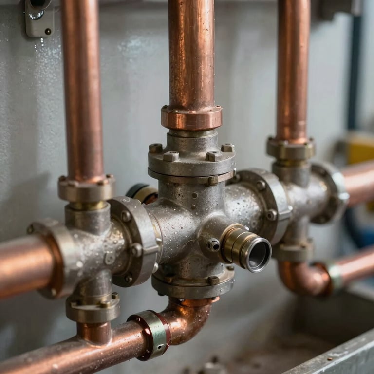 Detailed shot of complex plumbing manifold and copper piping for an underfloor heating system, expert craftsmanship.