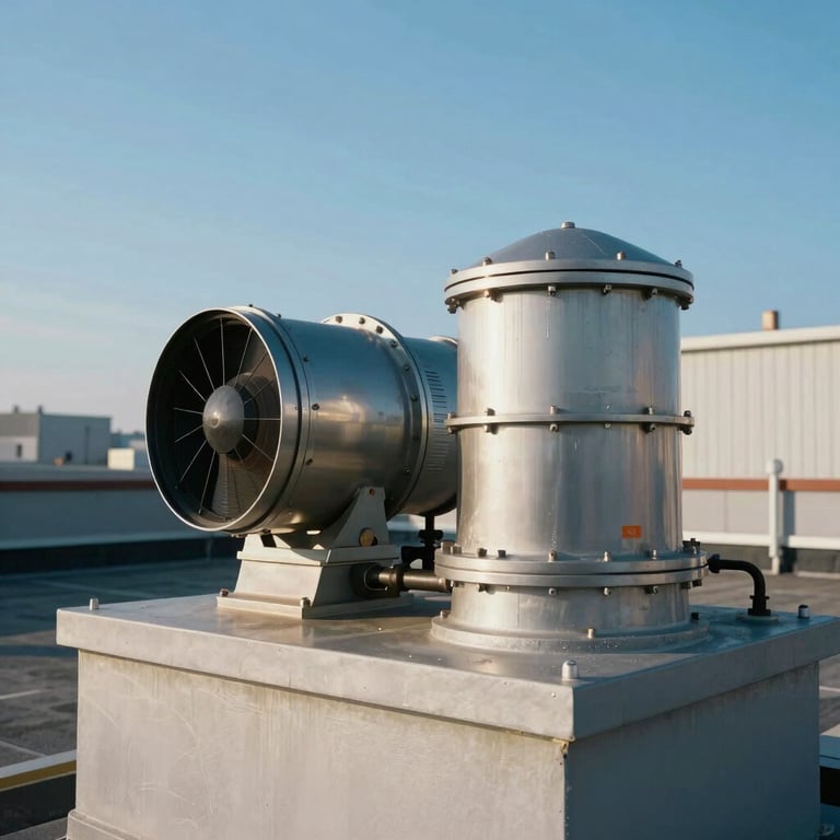 A commercial rooftop ventilation extraction system against a clear blue sky, showing industrial expertise.