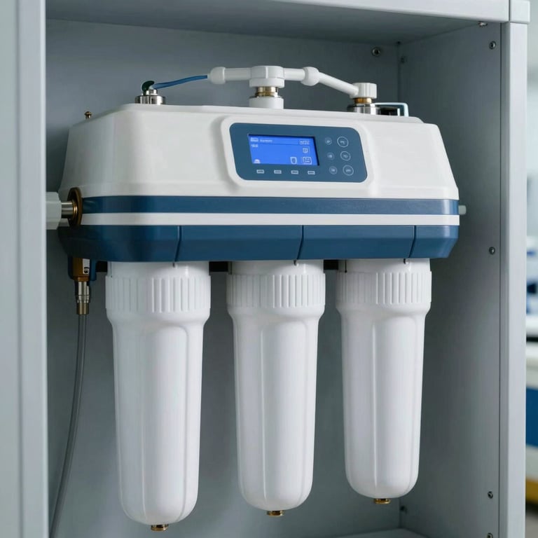 Close-up of a high-tech water softener and filtration system installed in a pristine technical room.