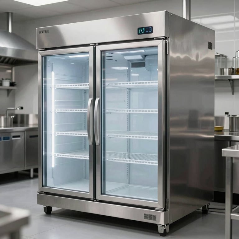 A professional commercial kitchen stainless steel walk-in refrigerator unit, bright interior lighting, clean and modern.