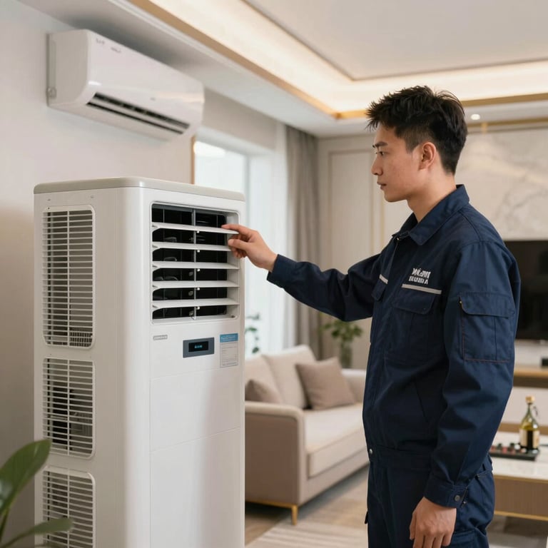 A technician in a professional navy blue uniform checking a modern air conditioning unit in a luxury bright living room.