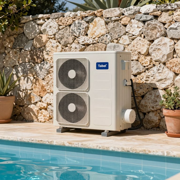 An outdoor swimming pool heat pump installation next to a stone wall in a Mediterranean garden, Southern European style.