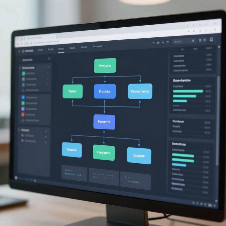 Modern enterprise dashboard showing process flow charts and efficiency metrics.