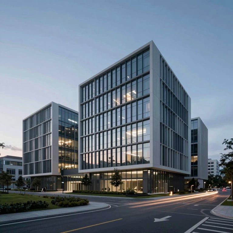 Minimalist architectural shot of a modern tech campus at twilight.