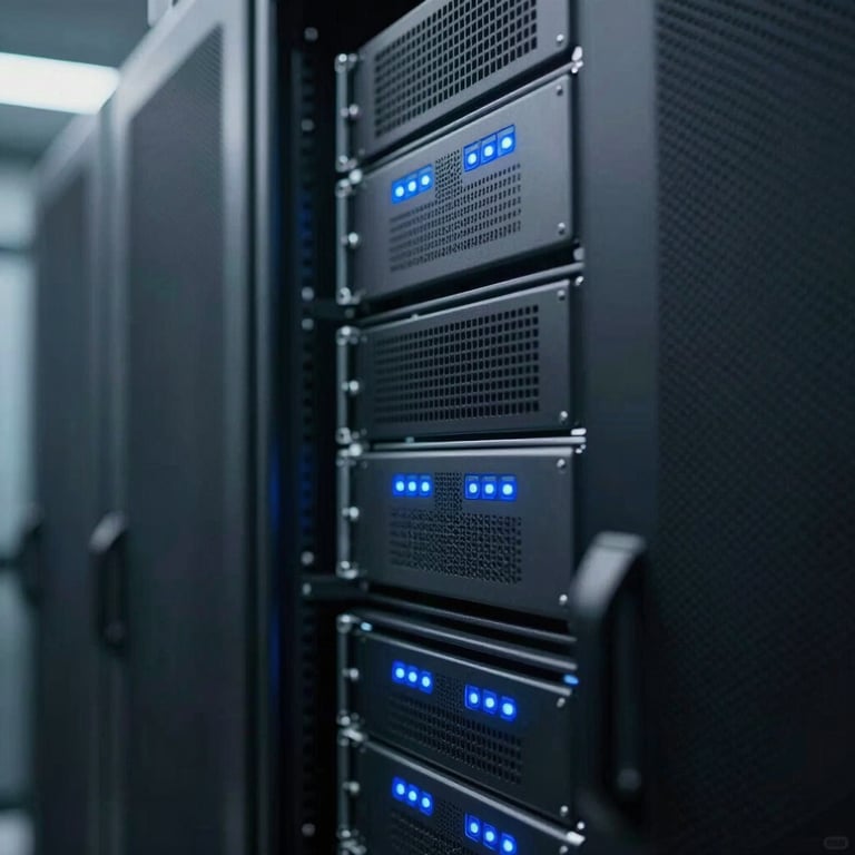 Close-up of a high-end server room with cooling systems and blue LED indicators.