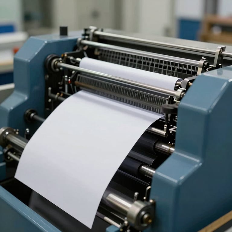 Detail of a modern printing press in a high-tech facility, focus on high-quality paper and steel blue machinery.