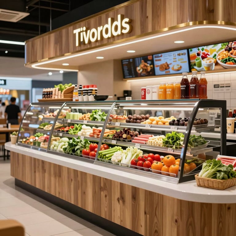 A bright and clean fast food bistro counter in a modern Slovak shopping center, fresh ingredients on display, wood and gold accents.