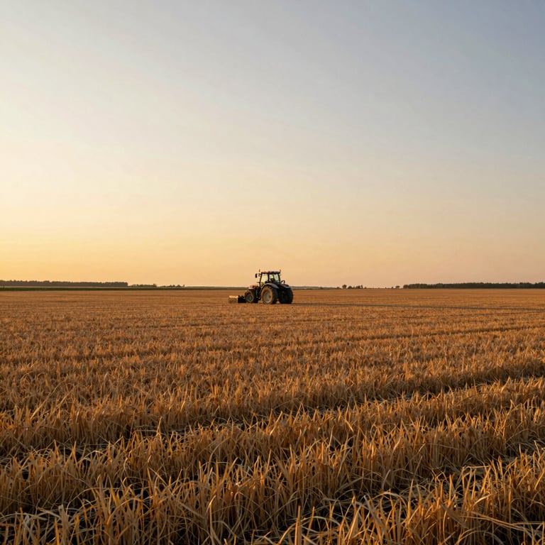 Wide landscape of a vast Central European agricultural field under a golden sunset with a modern tractor in the distance.
