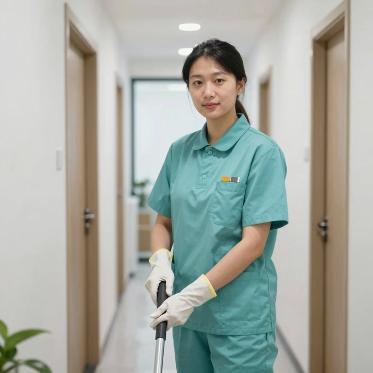 A professional cleaner in a subtle muted teal uniform working in a brightly lit modern office corridor, sharp clean aesthetic.