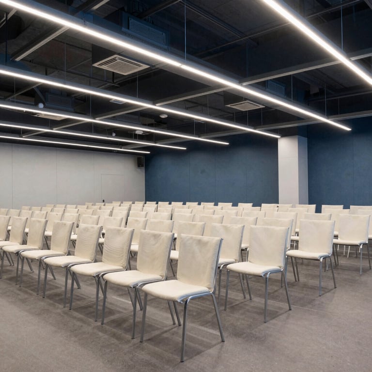 Interior of a modern corporate event hall in Central Europe, rows of chairs, professional lighting, steel blue and off-white decor.
