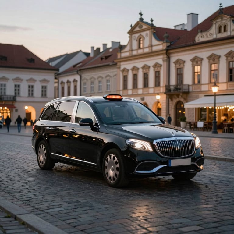 A luxury black taxi car driving through a historic town square in Central Europe, cobblestone streets, elegant evening lighting.