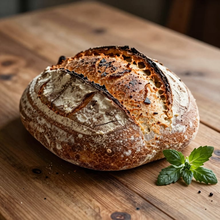 A rustic wooden table with artisanal sourdough bread and fresh herbs, warm lighting, professional food photography.