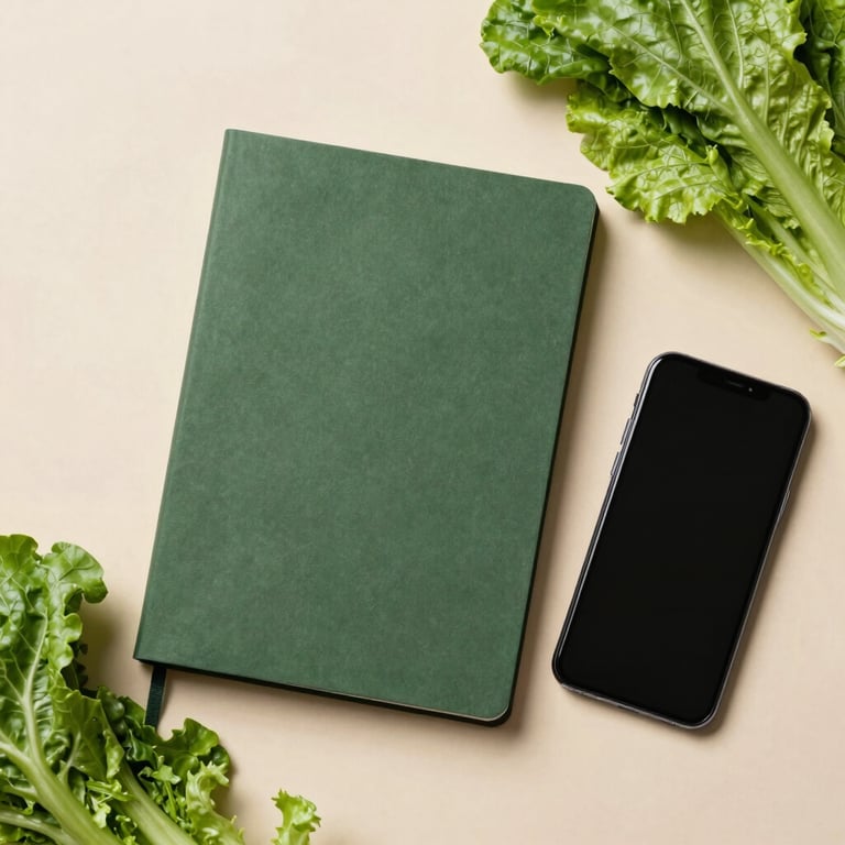 Flat lay of fresh green vegetables next to a matte forest green notebook and a modern smartphone on a clean parchment-colored background.