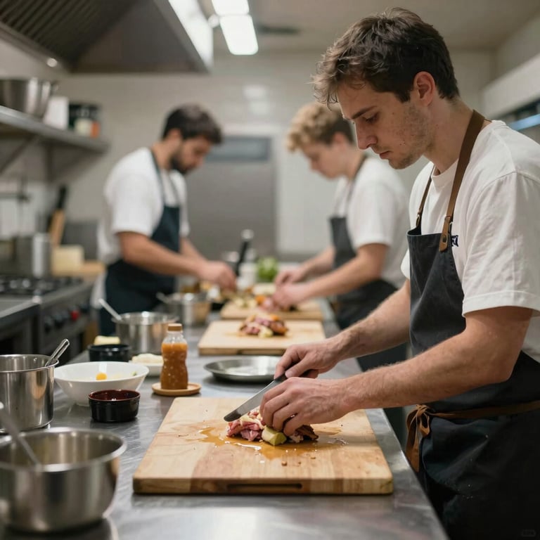 An elegant, narrow-depth-of-field shot of a busy artisanal kitchen during a content creation session.
