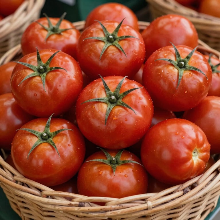 Close-up of vibrant, deep ripe crimson tomatoes in a wicker basket at a local European farmers market.