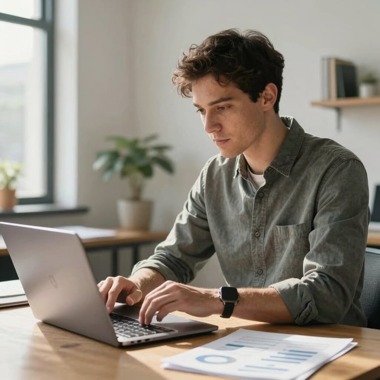 A social media strategist reviewing a content plan on a laptop in a sunlit Scandinavian-style office space in North America.