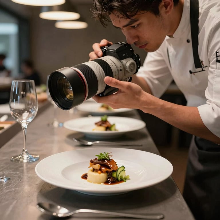 A photographer adjusting a lens while shooting a chef plating a dish in a modern, sophisticated restaurant.