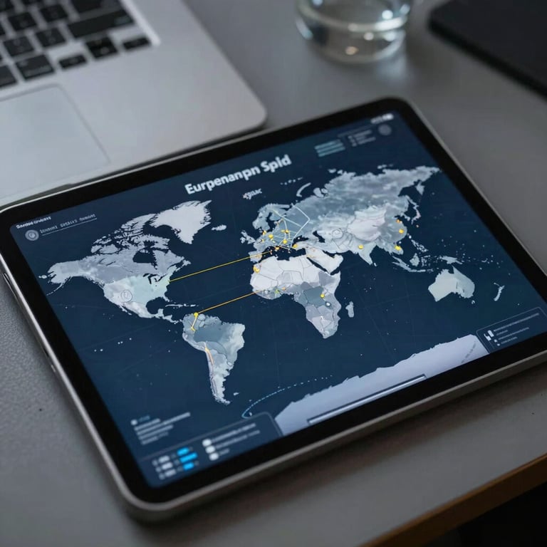 A close-up of a tablet displaying complex global trade routes in a professional European / Spanish office environment with dark slate blue tones.