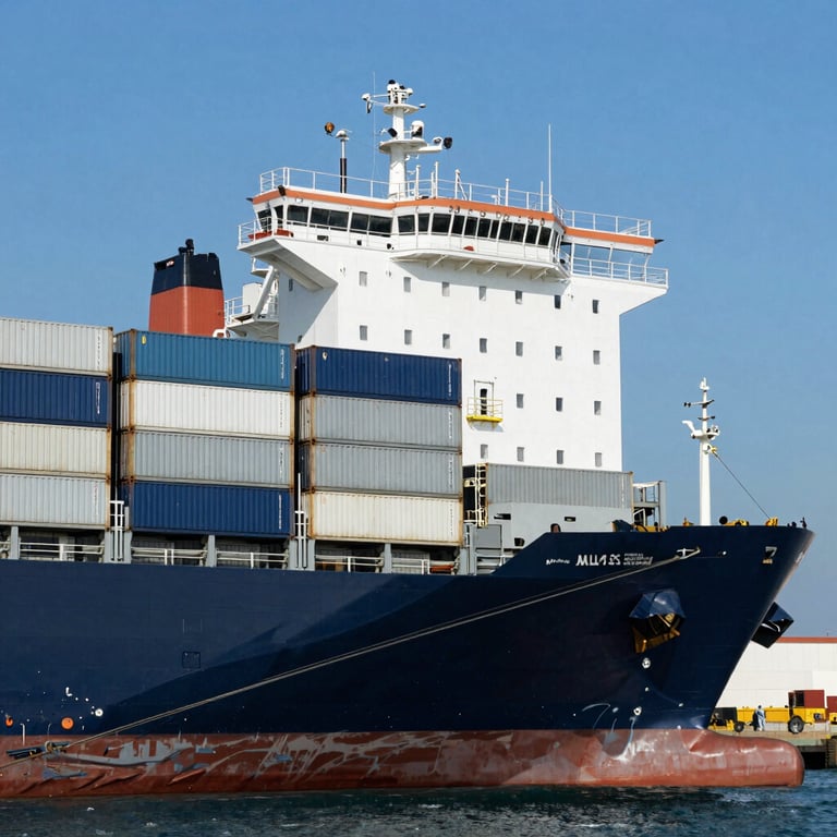 A large cargo ship docked at a major European / Spanish port, clear blue sky, featuring white and silver grey container stacks.