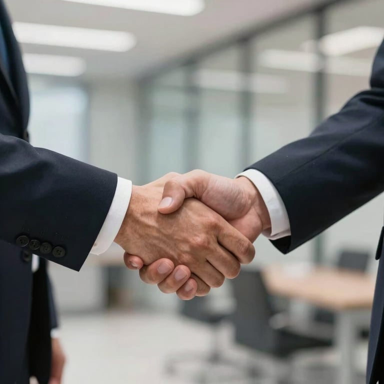 A handshake between two professionals in a modern European / Spanish business setting, symbolizing trust and transparent customs agreements.