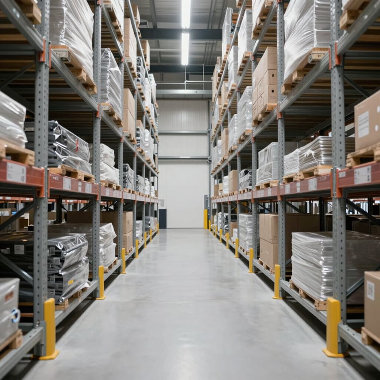 Interior of a high-tech European / Spanish warehouse with silver grey automated shelving and bright white floors.