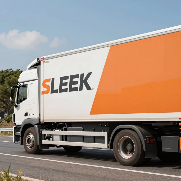 Sleek logistics truck driving through a scenic European / Spanish landscape with modern orange branding details under bright sunlight.