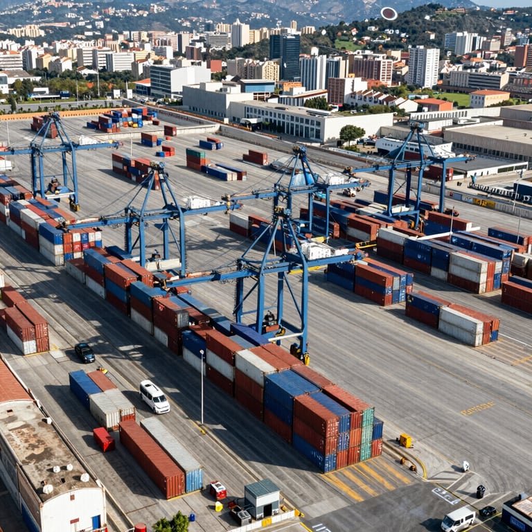 Aerial view of a bustling container terminal in a European / Spanish city, showing organized logistics and modern infrastructure.