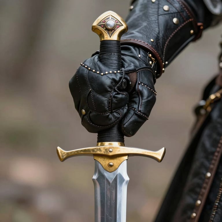 A detail shot of a leather gauntlet gripping the hilt of a gleaming steel broadsword with gold accents.