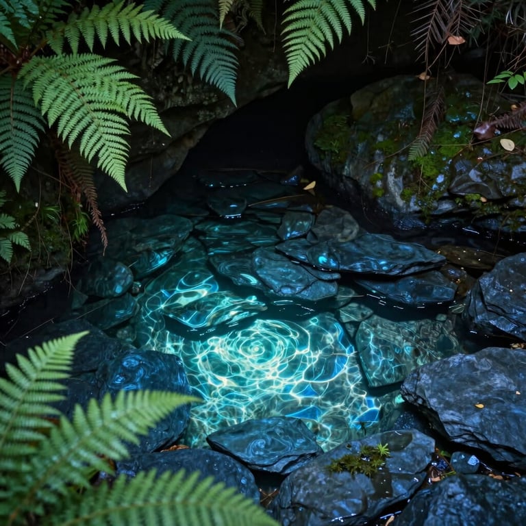 A glowing mystical spring in a hidden grotto, surrounded by soft green ferns and slate blue shadows.