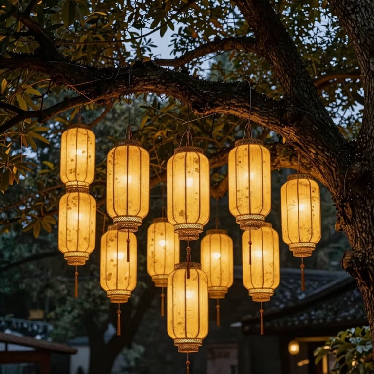 A cluster of glowing gold lanterns hanging from ancient oak branches in a twilight garden.