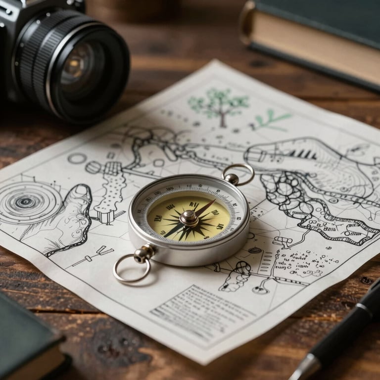 A close-up of a compass and a hand-drawn map spread across a rustic wooden table in a dimly lit study.