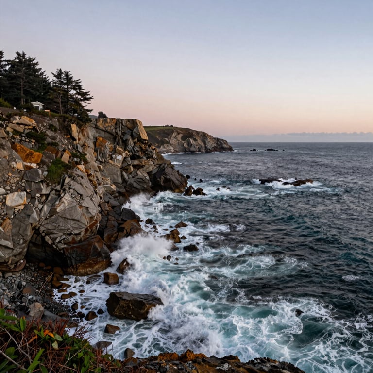 A wide panoramic view of a coastal cliff in North American / US, where waves crash against jagged rocks at dusk.