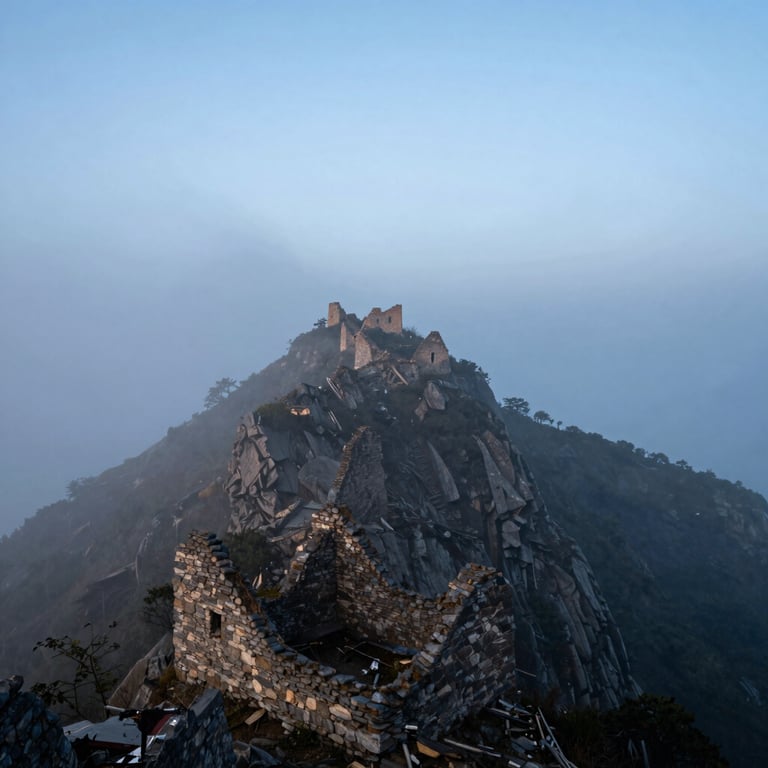 A misty mountain peak at dawn with ancient ruins visible on the ridge under a soft slate blue sky.