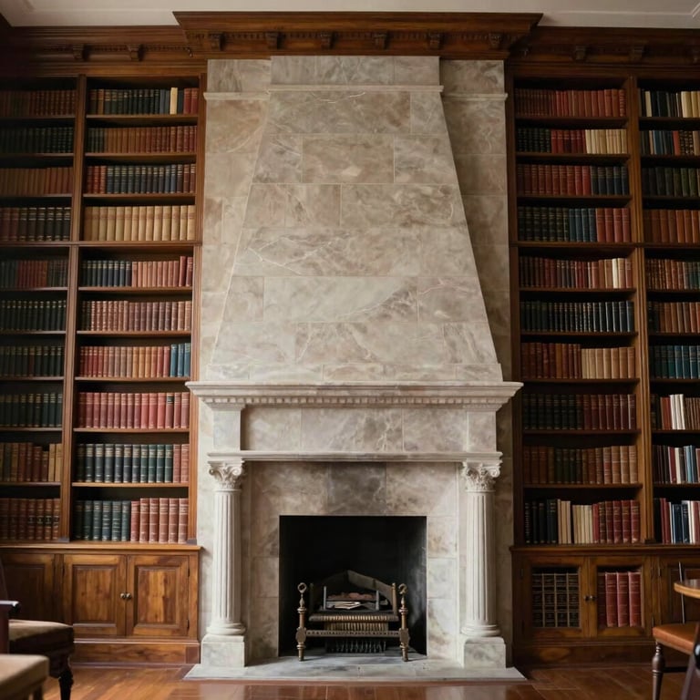 A grand library with towering shelves and a massive stone fireplace in a North American / US estate.