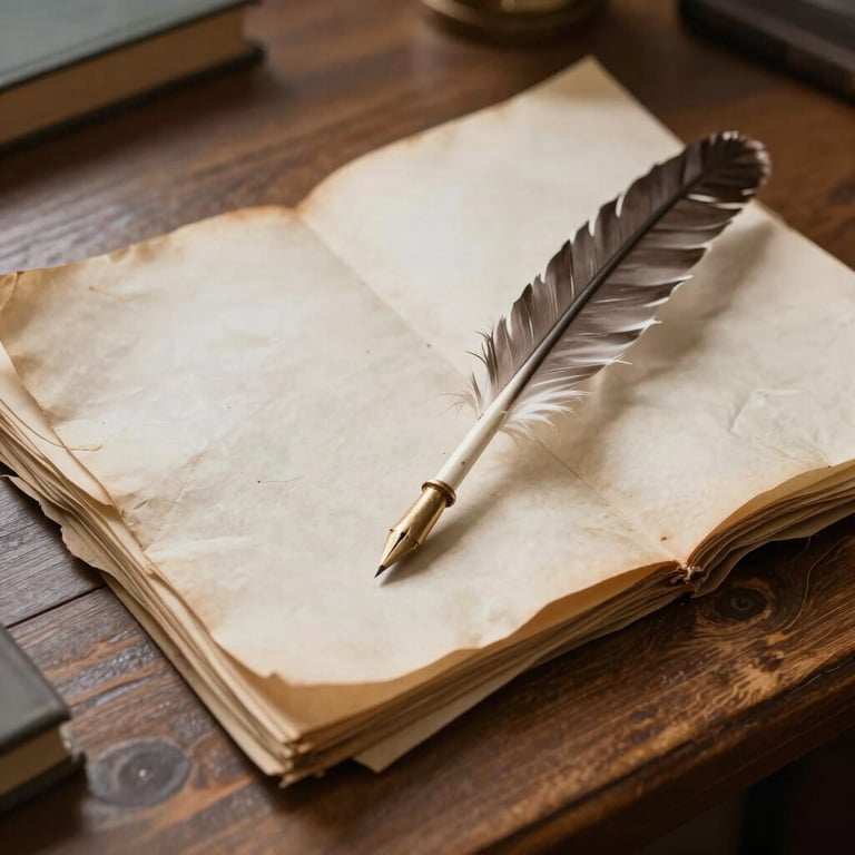 A serene photograph of a wooden writing desk with a quill and a stack of old parchment papers in soft light.