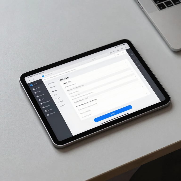 An overhead shot of a modern tablet displaying a secure document upload interface on a minimalist light gray desk.