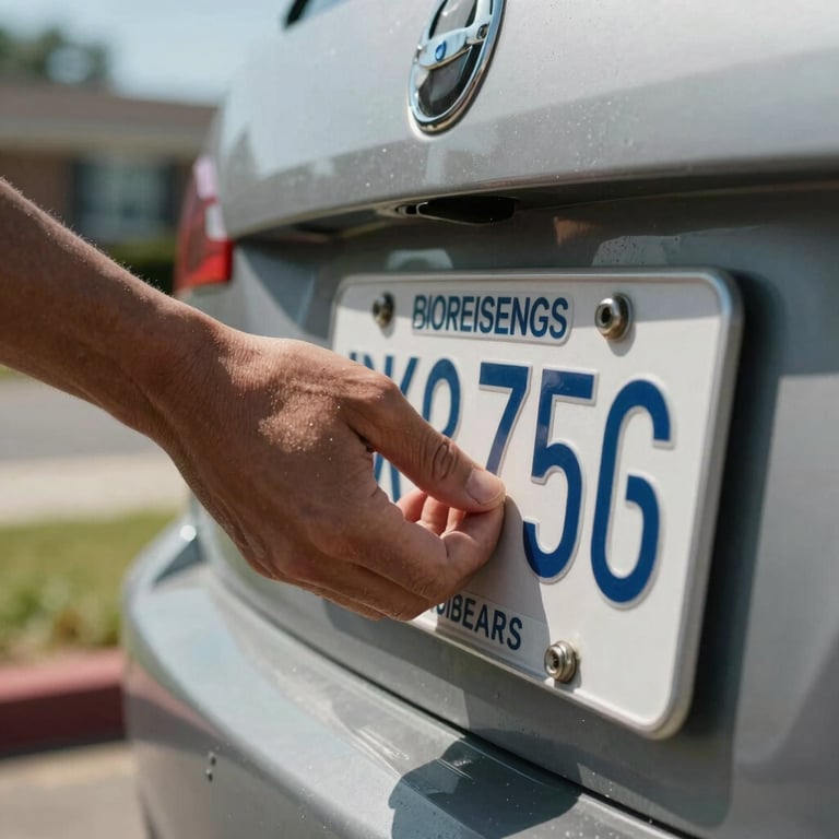 A close-up of a person's hand placing a new registration sticker on a clean vehicle license plate in a sunlit US suburban setting.