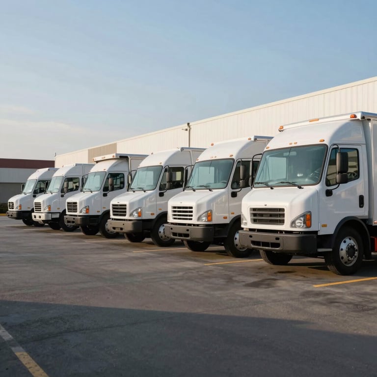 A fleet of modern delivery trucks parked in a clean, organized North American commercial lot under a bright, clear morning sky.