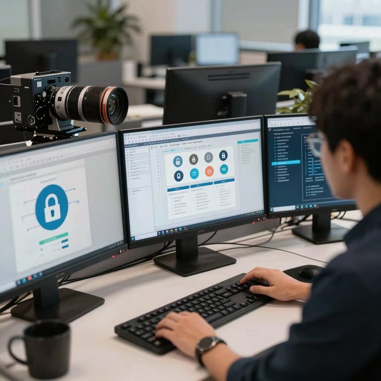 A professional workstation in a North American corporate office with multiple monitors showing data security icons and document workflows.