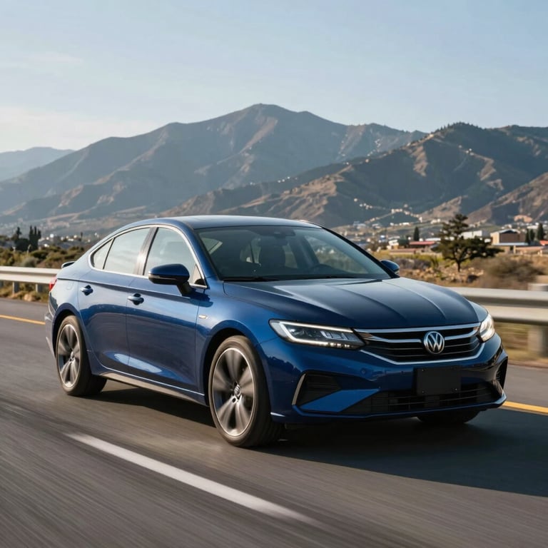 A sleek, dark blue sedan driving on a well-maintained North American highway with mountain peaks in the distance.